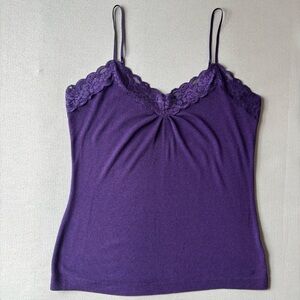 WORTHINGTON | Vintage Y2K Dark Purple Ribbed Knit Lace Babydoll Cami | Size 1X